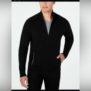 ALFANI Men's Deep Black Classic-Fit Ribbed Full-Zip Sweater XL